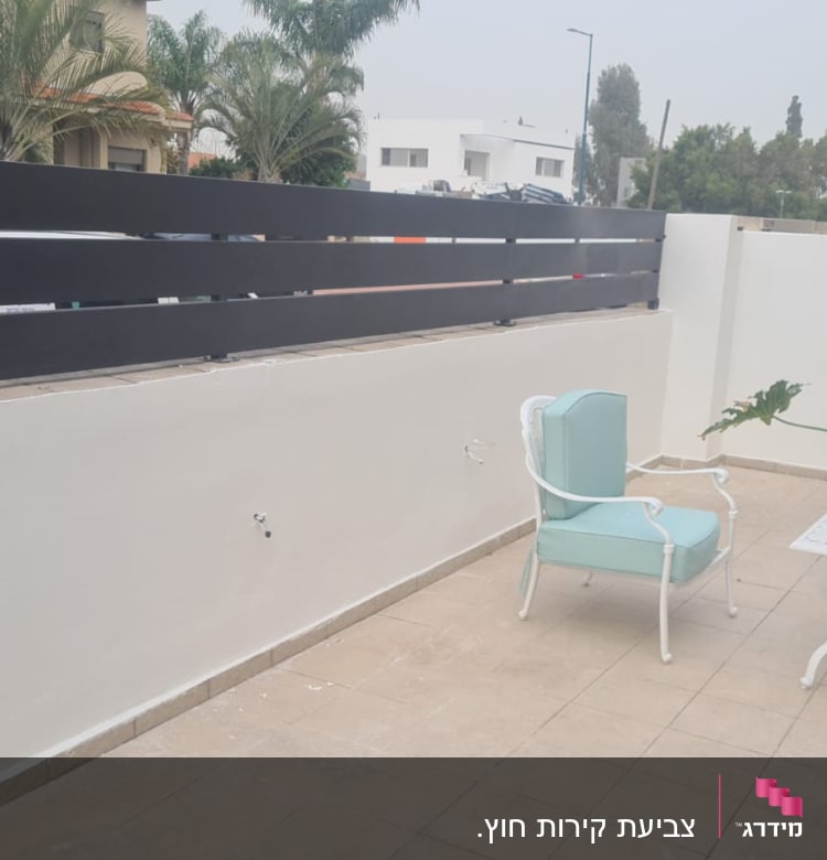 ריהוט גן בצבע טורקיז על מרפסת מרוצפת